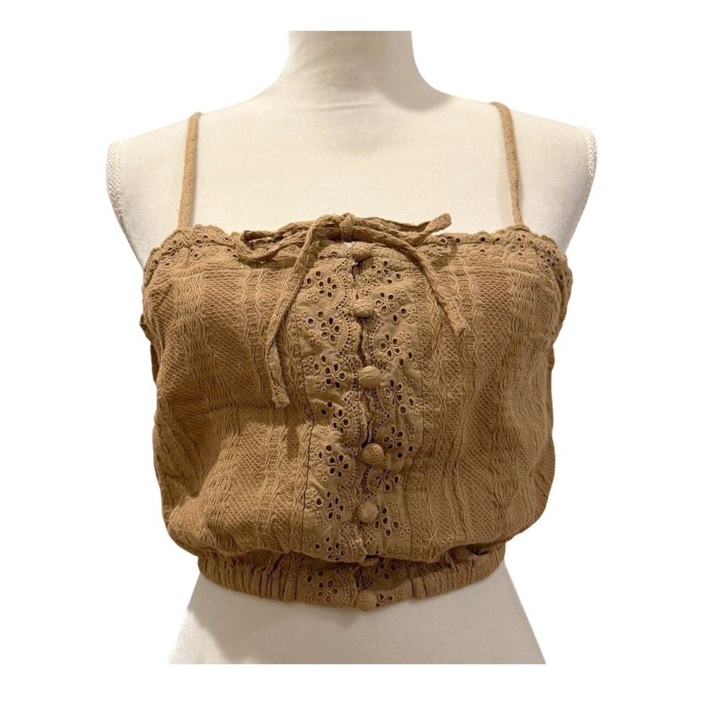 Urban Outfitters Womens S Cotton Brown Tie Front Fairy Grunge Cottage Crop Top